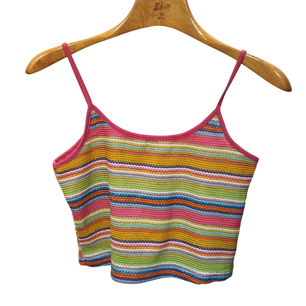 Effordram Multi Color Striped Knit Crop Cami Top L Pink Rainbow Summer Boho